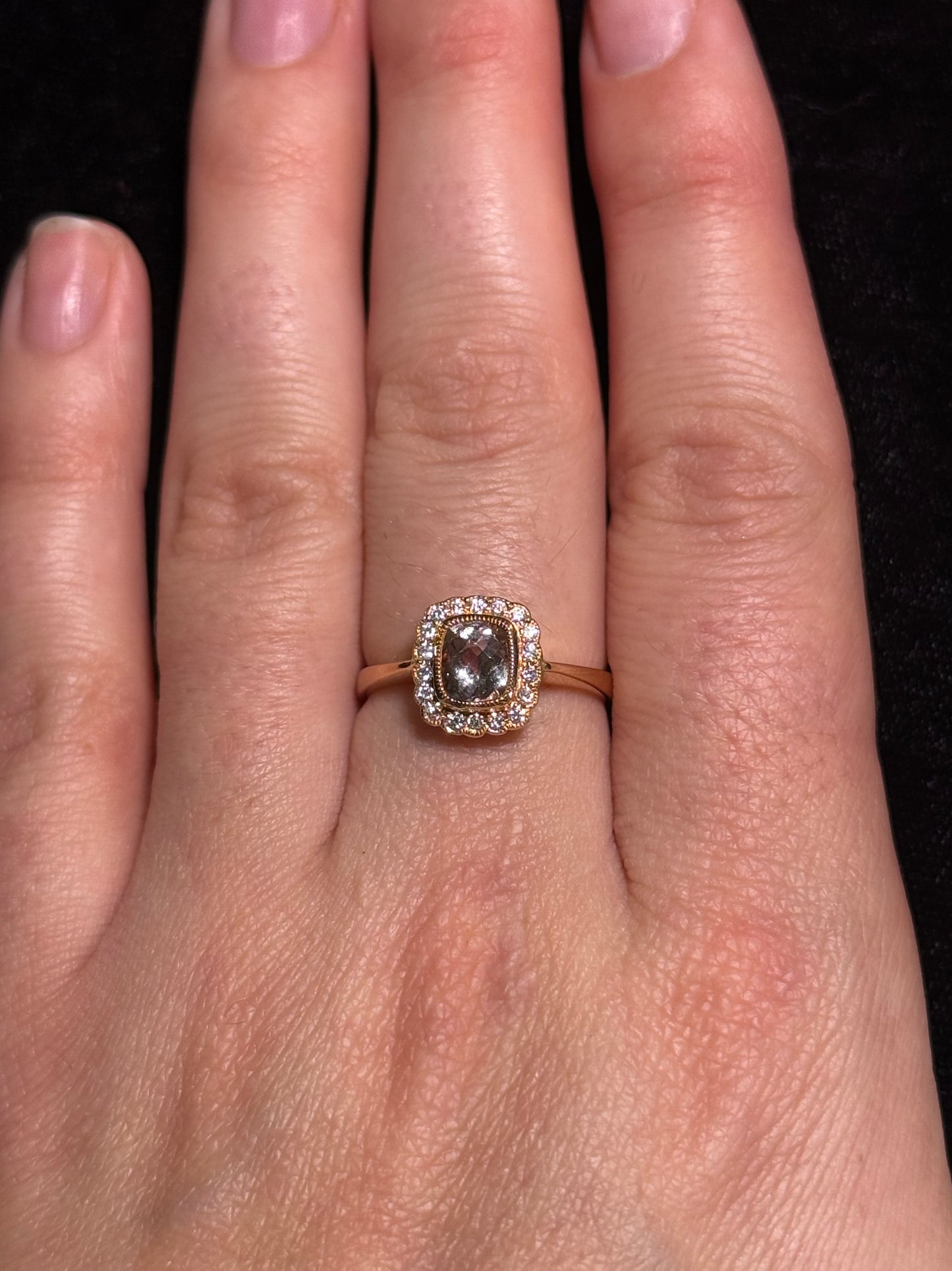 Lady's Rosé 18 Karat Contemporary Fashion Ring With One Cushion Morganite And 18=0.18Tw Round Diamonds