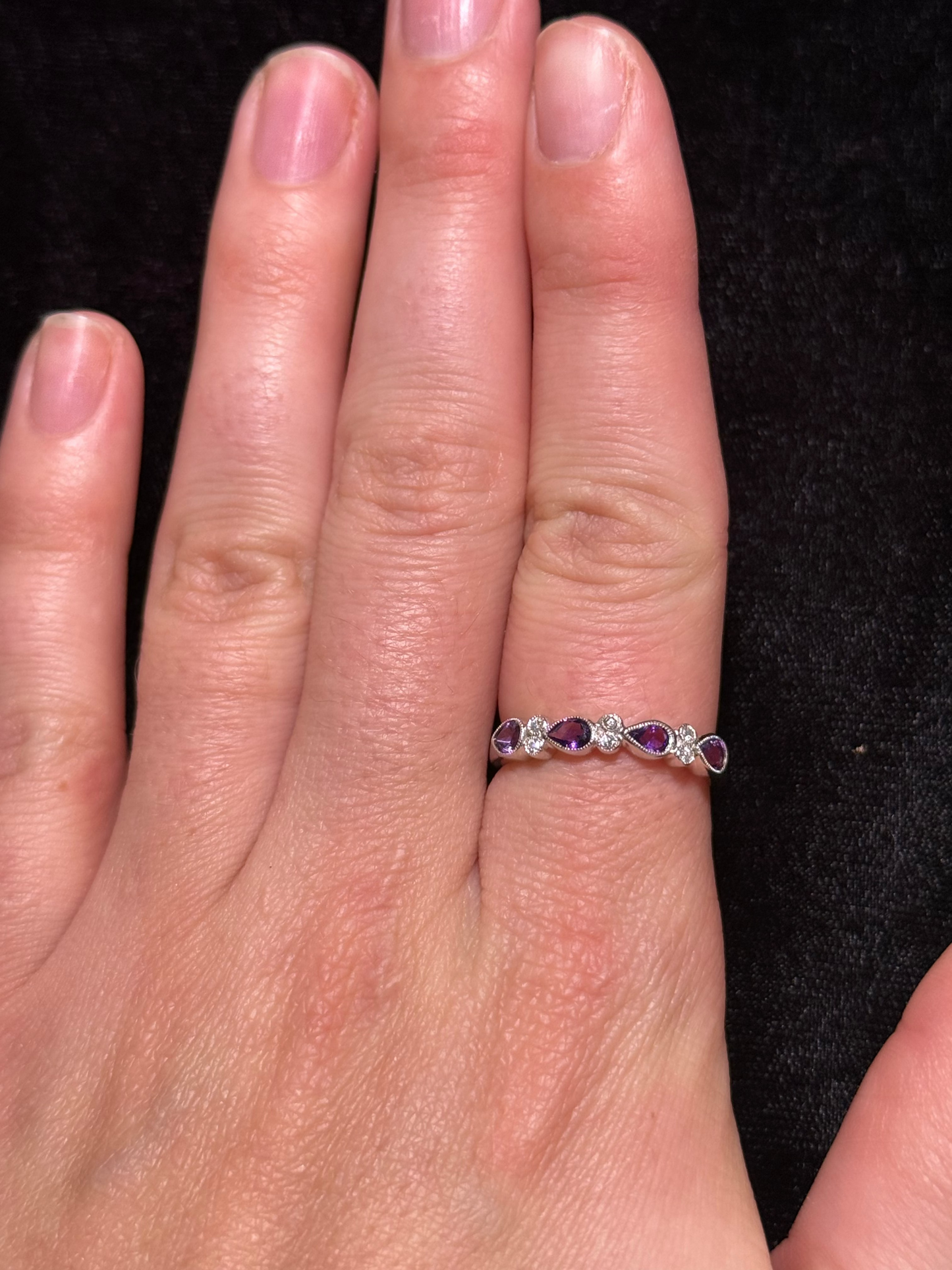 Lady's White 14 Karat Stackable Fashion Ring With 4=0.53Tw Pear Amethysts And 6=0.09Tw Round Diamonds