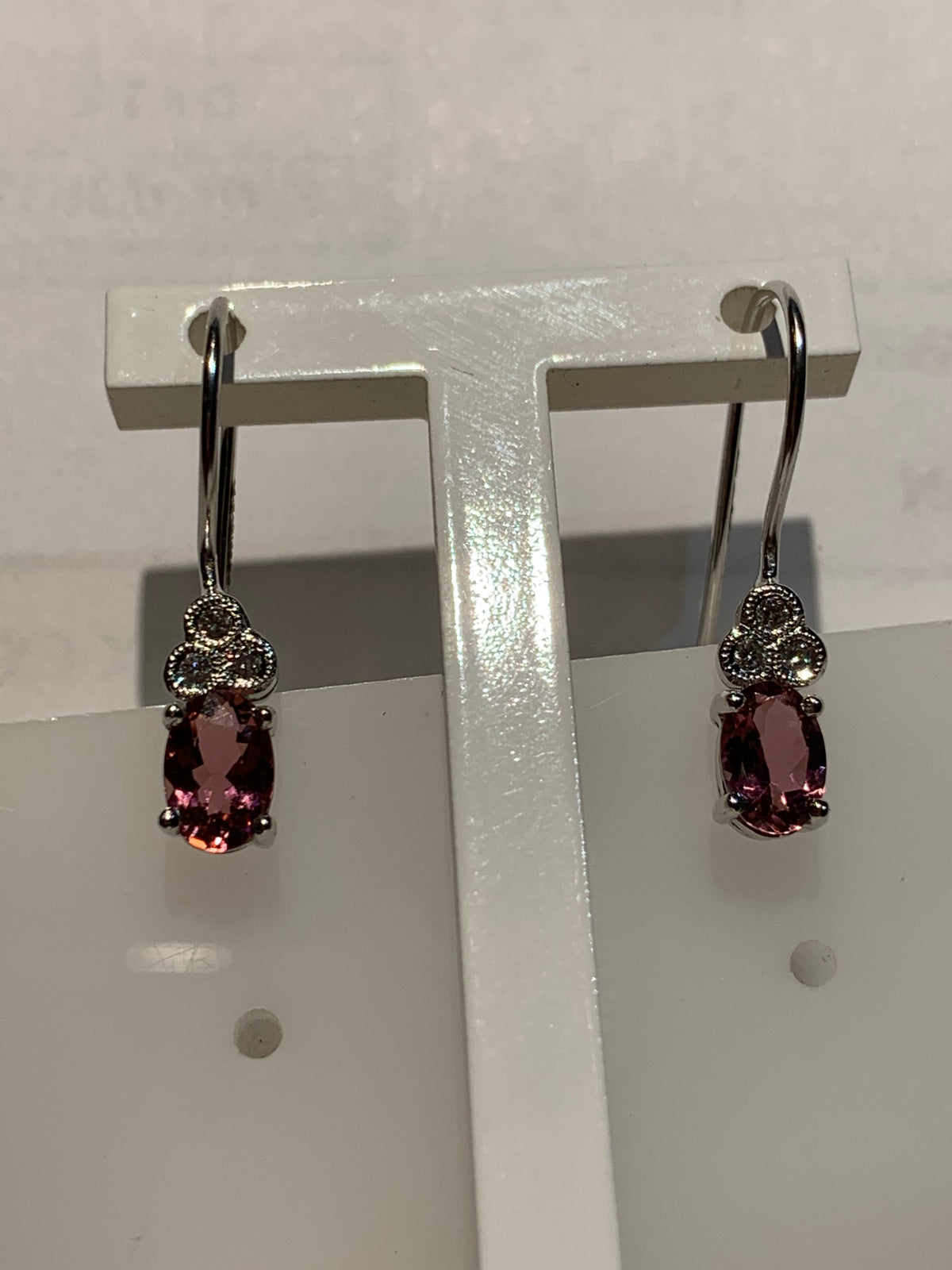 Pink Tourmaline and Diamond Hanging Gold Earrings