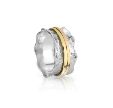 Sterling Silver Meditation Ring With One Rose Gold And One Yellow Gold Spinning Band, The Base Features A Pretty Scalloped Edges Pattern