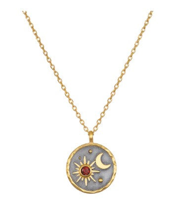 18K Yellow Gold Plated Against A Gun Metal Background July Ruby Necklace