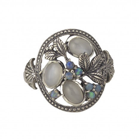 White Sterling Silver Antique Ring with opal and moonstone ring