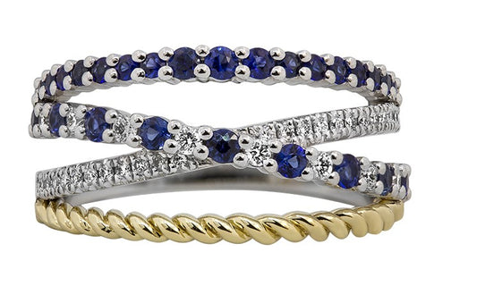 14k White Gold Fashion Ring with Diamonds and Sapphires