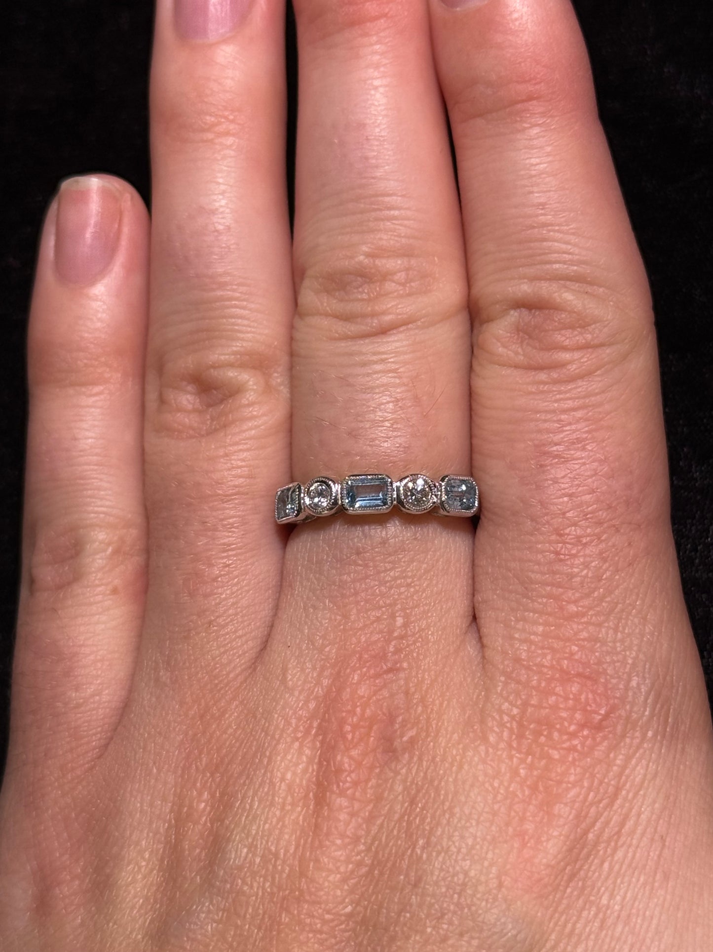 Lady's White 18 Karat Stackable Fashion Ring With 3=0.20Tw Cushion Aquas And 2=0.20Tw Round Diamonds