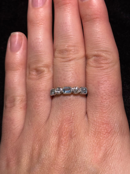 Lady's White 18 Karat Stackable Fashion Ring With 3=0.20Tw Cushion Aquas And 2=0.20Tw Round Diamonds