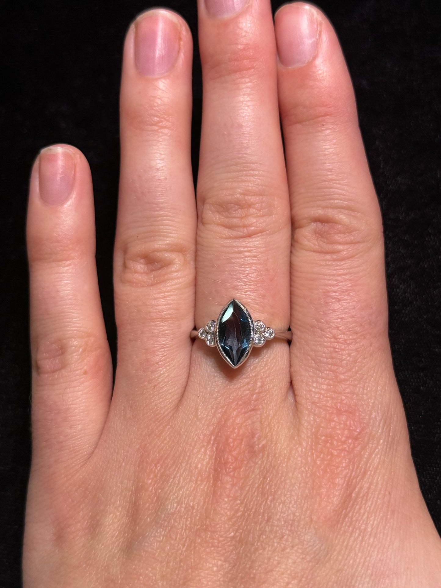 Lady's White 14 Karat Contemporary Fashion Ring Size 7 With One 13.00X6.50Mm Marquise Blue Topaz And 6=0.06Tw Round Diamonds