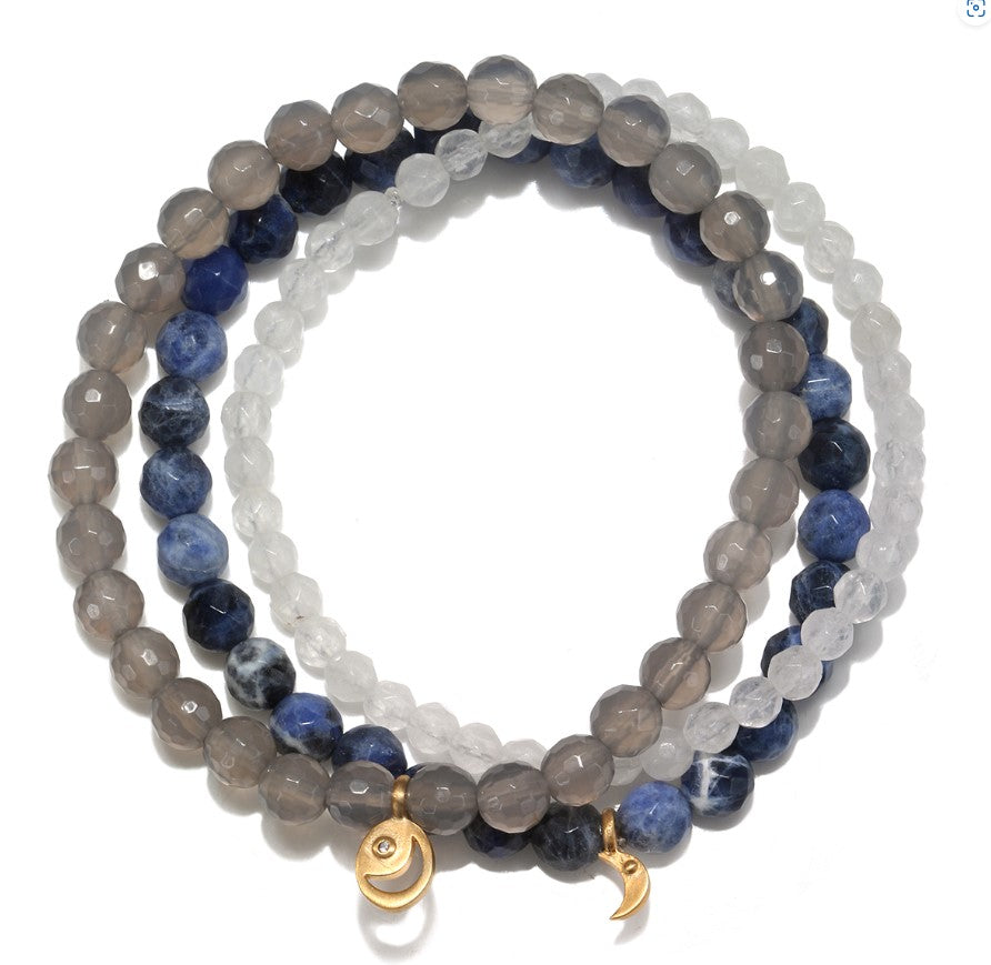 Sodalite, Grey Agate, White Jade Gold Moon Stretch Bracelet Set