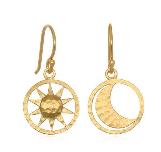 18K Yellow Gold Plated Sun And Moon Earrings.