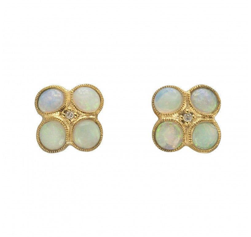 Lady's Yellow 14 Karat Cluster Earrings With 8= Oval Opals And 0.01Tw Round Diamonds