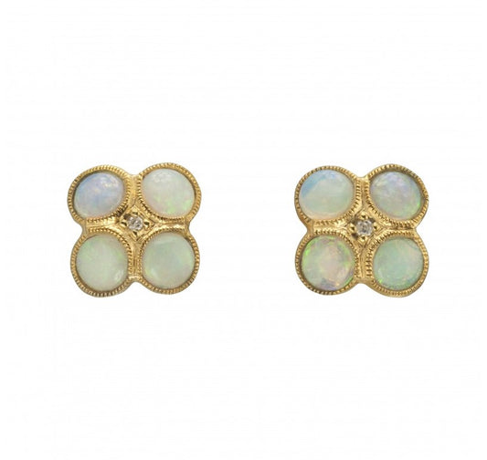 Lady's Yellow 14 Karat Cluster Earrings With 8= Oval Opals And 0.01Tw Round Diamonds