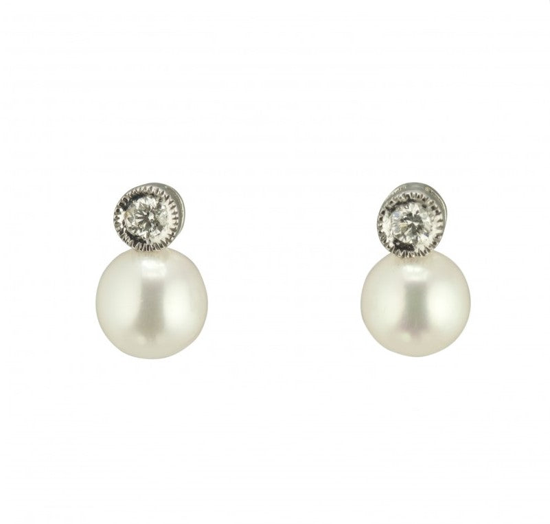 Lady's White 14 Karat Stud Earrings With 3.50Mm Round Pearls And 0.06Tw Round Diamonds