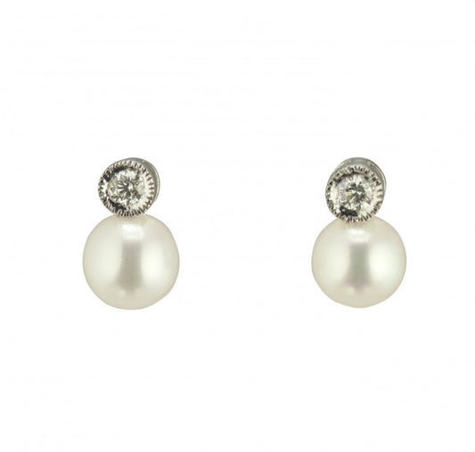 Lady's White 14 Karat Stud Earrings With 3.50Mm Round Pearls And 0.06Tw Round Diamonds