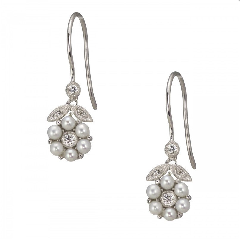 Lady's White 14 Karat Drop Earrings With Round Pearls And 0.15Tw Round G/H Si2 Diamonds