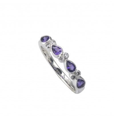 Lady's White 14 Karat Stackable Fashion Ring With 4=0.53Tw Pear Amethysts And 6=0.09Tw Round Diamonds