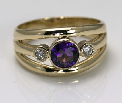 Lady's Yellow 14 Karat Free Form Fashion Ring With One 0.90Ct Round Amethyst And 2=0.12Tw Round Diamonds