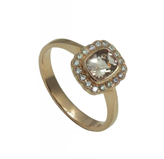 Lady's Rosé 18 Karat Contemporary Fashion Ring With One Cushion Morganite And 18=0.18Tw Round Diamonds