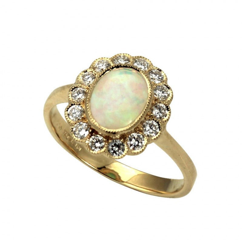 Lady's Yellow 18 Karat Princess Di Fashion Ring Size 6.75 With 0.42Tw Round G/H Si1 Diamonds And One 8.00X6.00Mm Oval Opal