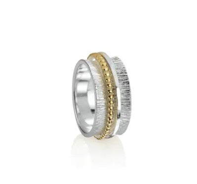 Breathtaking Silver textured Meditation Ring with one silver hammered Silver spinning band and one beaded Yellow Gold spinning band.