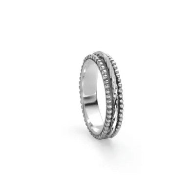 Sterling Silver Stackable Meditation Ring with bubble design edges featuring a Sterling Silver twist design spinning band.