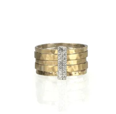 Sterling Silver Meditation Ring with five stacked and gently hammered Yellow Gold spinning bands featuring a CZ accent bar