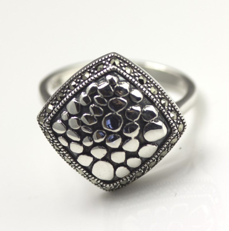 White Sterling Silver Hammered Contemporary textured marcasite  Ring