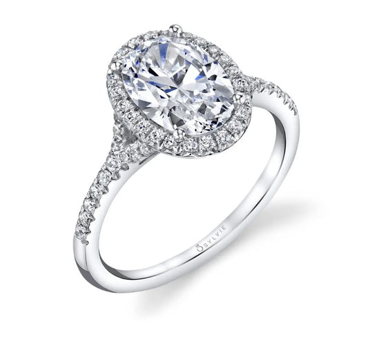 Lady's White 14 Karat Halo Engagement Ring With 0.25Tw Round G/H Vs2 Natural Diamonds And 1.00Tw Oval Diamonds