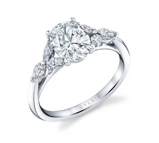 Lady's White 14 Karat 7 Stone Engagement Ring With 6=0.48Tw Marquise G/H Vs2 Diamonds And One 2.00Ct Oval Diamond