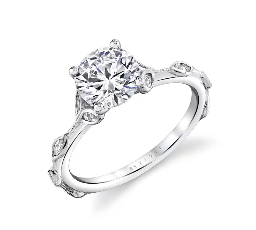 Lady's White 14 Karat Flora Engagement Ring With 0.31Tw Marquise G/H Vs2 Natural Diamonds And One 1.50Ct Round Diamond