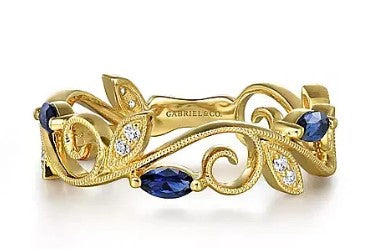 Lady's Yellow 14 Karat with Diamonds and Sapphires Filigree Milgrain Wedding Band Size 6.25