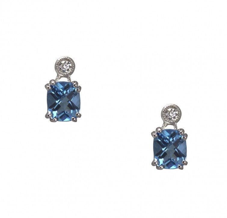 Lady's White 14 Karat Drop Earrings With Retangular Cushion Blue Topazs And 0.06Tw Round G/H Vs2 Diamonds